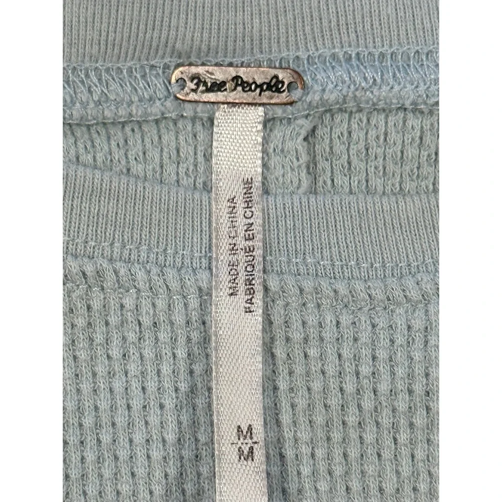 Free People Rosey Thermal‎ Top Light Blue Waffle Knit Embroidered Cuff Size Med